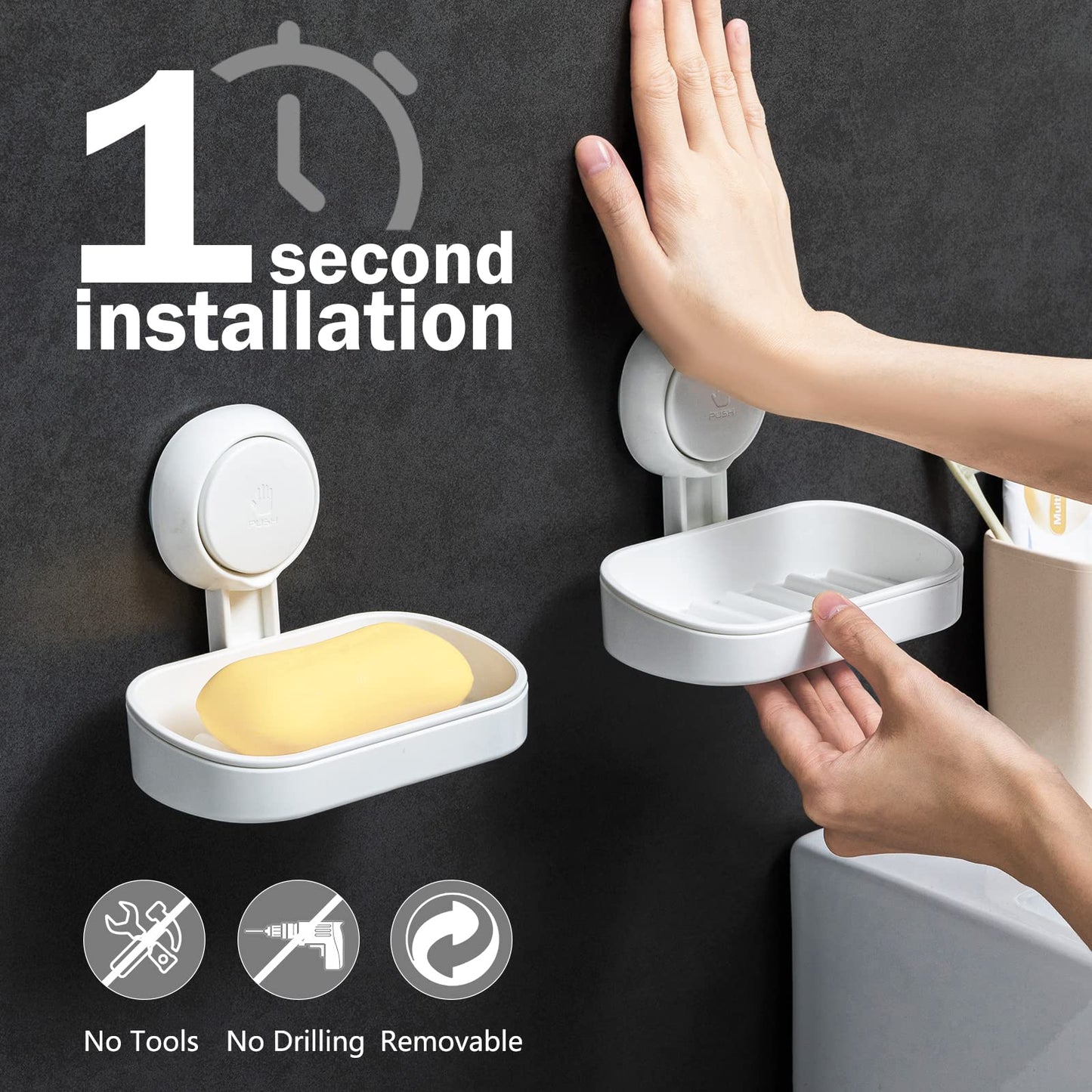 LEVERLOC Soap Holder Suction Cup for Shower, 2 Pack Bar Soap Dish Holder for Shower Wall Mounted NO-Drilling, Plastic Self Draining Removable Vacuum Suction for Bathroom Bathtub Sink