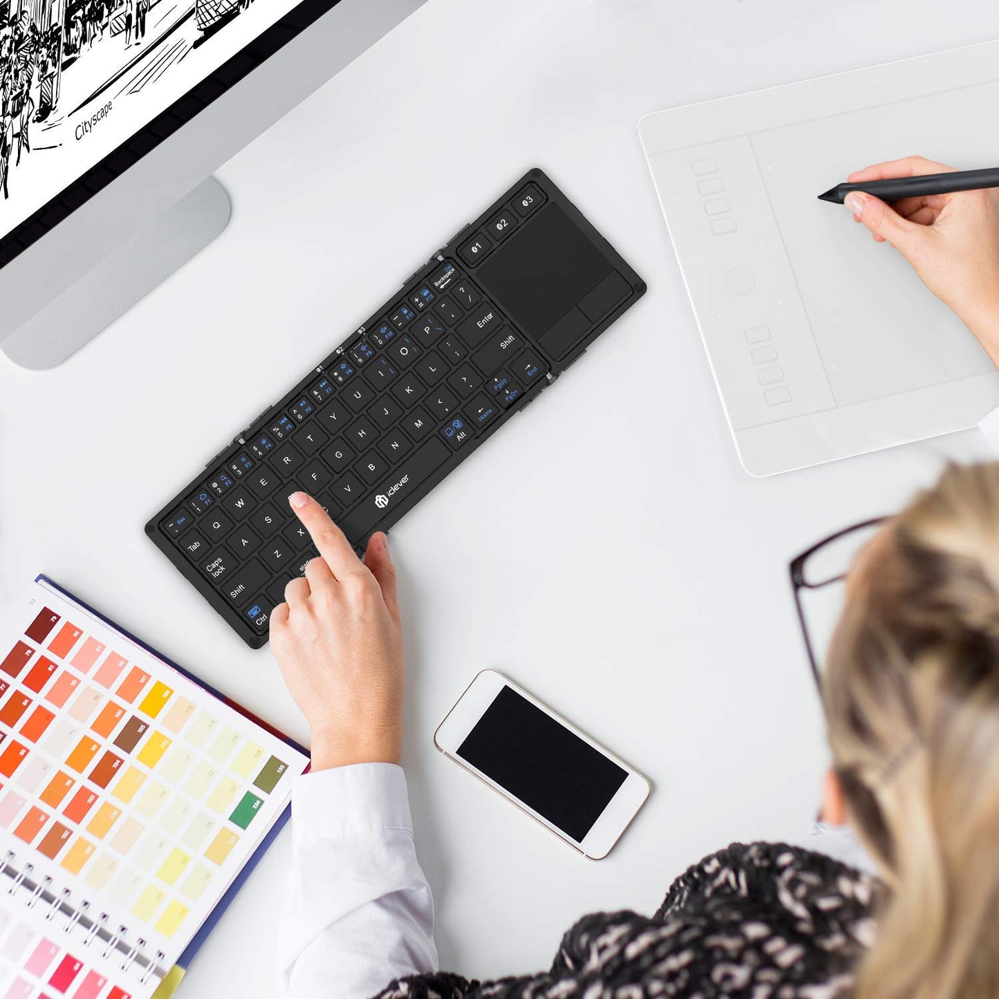 iClever Foldable Keyboard, BK08 Bluetooth Keyboard with Sensitive Touchpad, Multi Devices, Pocket-Sized Tri-Folding Portable Keyboard for iPad, iPhone, Smartphone, Laptop and Table