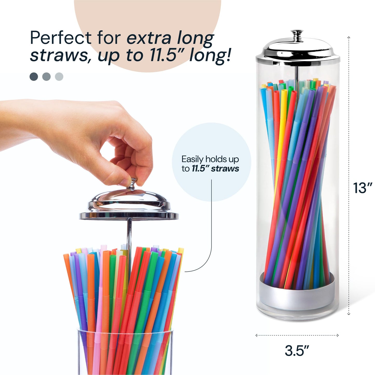 SimplyImagine 11.5 Inch Tall Metal Base & Lid Acrylic Straw Holder for Counter with 20 Clear Straws in a White Pack