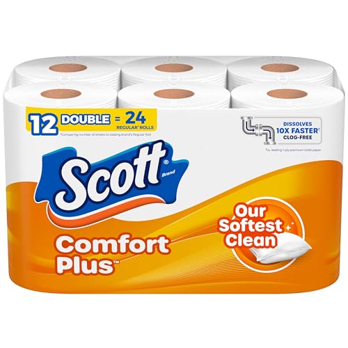 Scott ComfortPlus Toilet Paper, 12 Double Rolls, 231 Sheets per Roll, Septic-Safe, 1-Ply Toilet Tissue