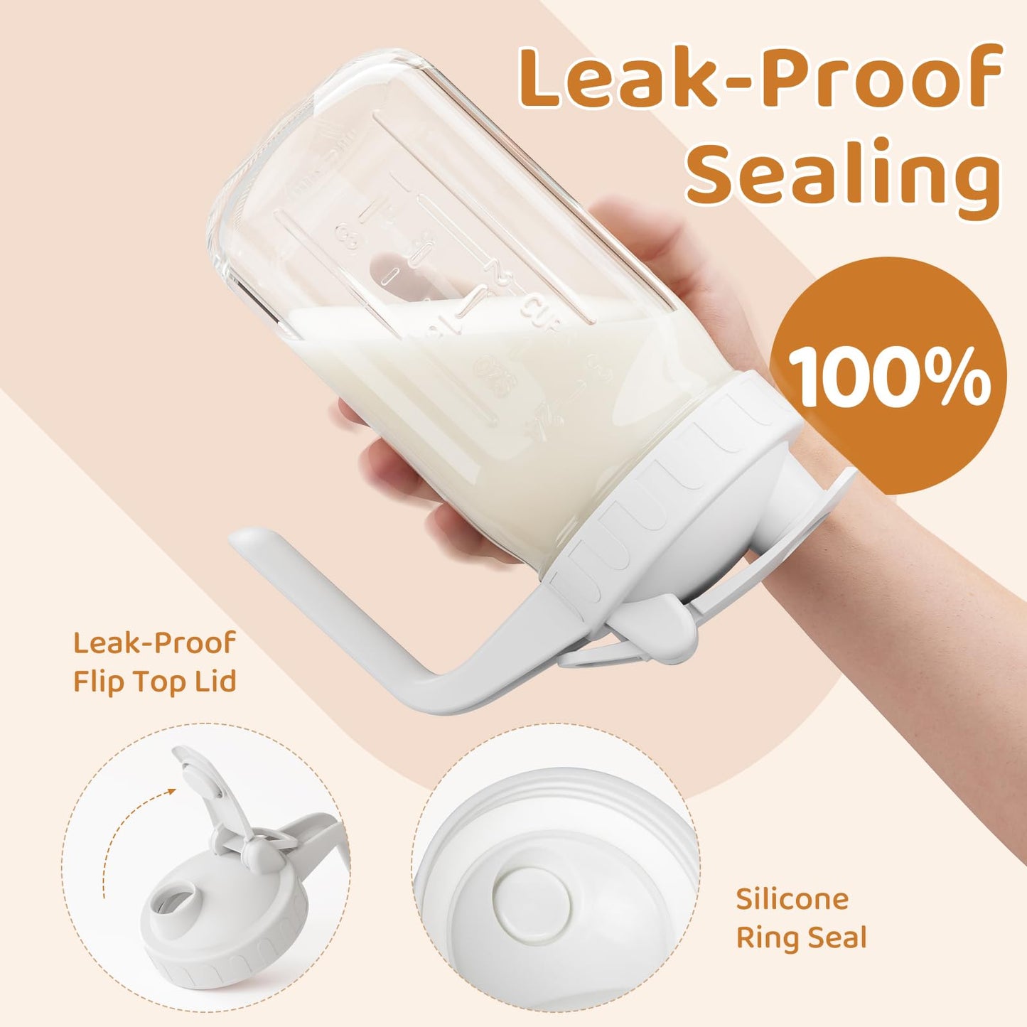 Breast Milk Pitcher, Mason Jar 32 oz, Heavy Duty Wide Mouth Jar with White Flip Cap Lid and Pour Spout, Airtight Seal for Freshness and Convenience, Formula Pitcher Great for Cold Beverages