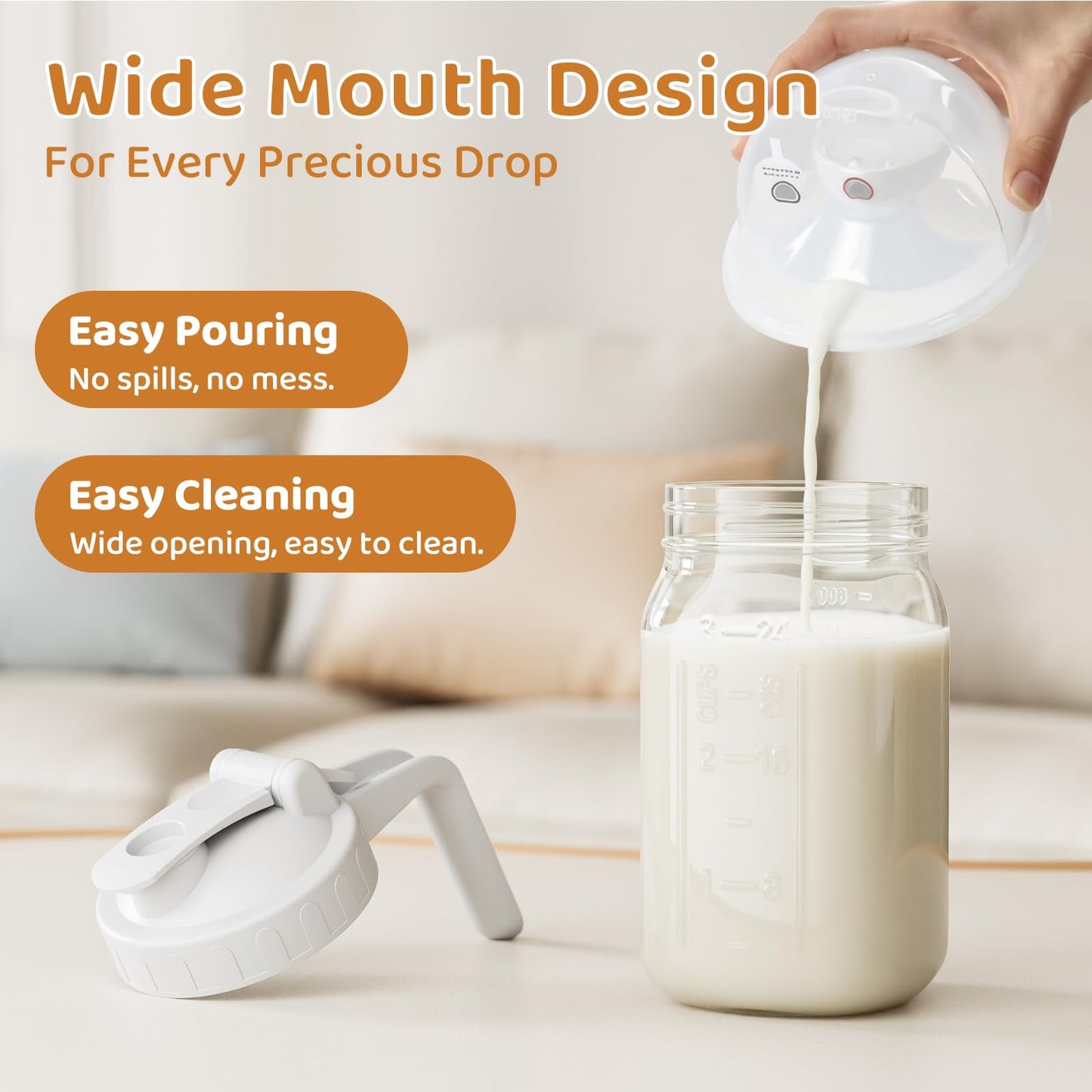 Breast Milk Pitcher, Mason Jar 32 oz, Heavy Duty Wide Mouth Jar with White Flip Cap Lid and Pour Spout, Airtight Seal for Freshness and Convenience, Formula Pitcher Great for Cold Beverages