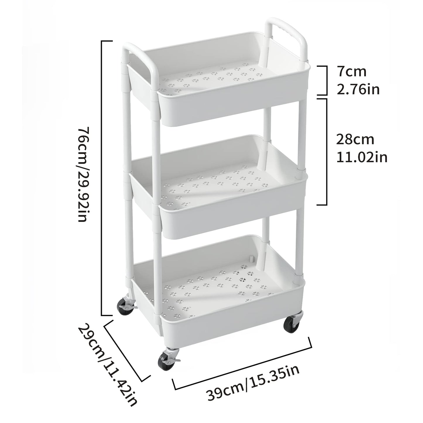 Sywhitta 3-Tier Plastic Rolling Utility Cart with Handle, Multi-Functional Storage Trolley for Office, Living Room, Kitchen, Movable Storage Organizer with Wheels, White