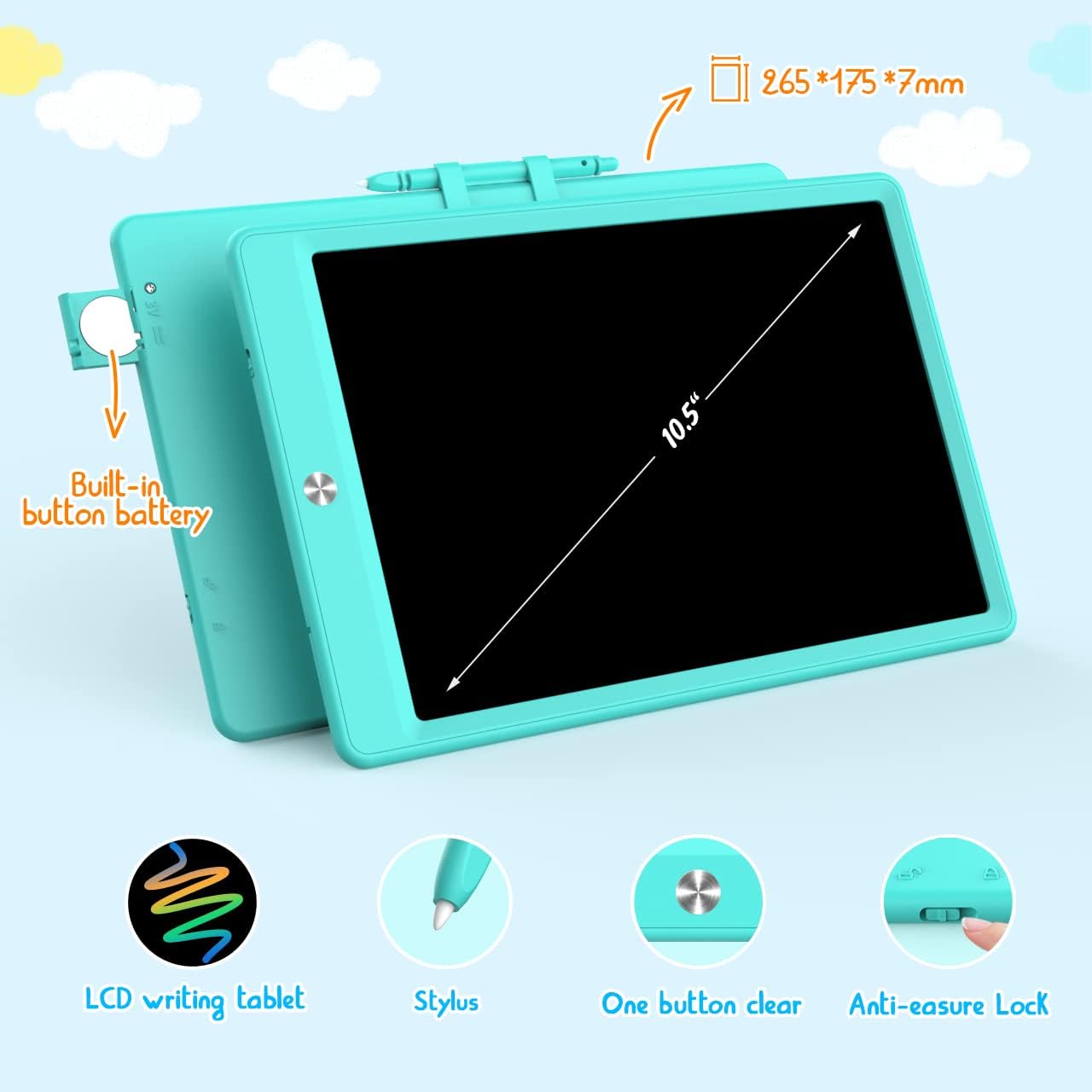 BUKEBU LCD Writing Tablet Doodle Board, Colorful Drawing Pad, Electronic Drawing Tablet, Drawing Pads,Travel Gifts for Kids Ages 3 4 5 6 7 8 Year Old Girls Boys (10.5 inch, Blue&Orange)