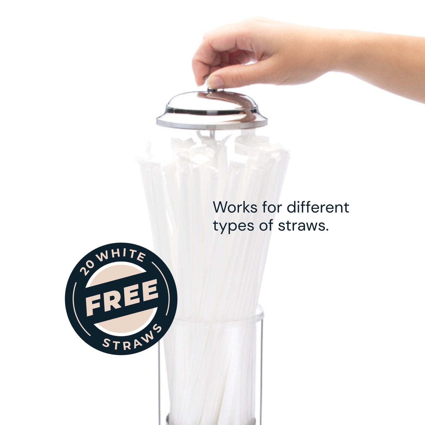 SimplyImagine 11.5 Inch Tall Metal Base & Lid Acrylic Straw Holder for Counter with 20 Clear Straws in a White Pack