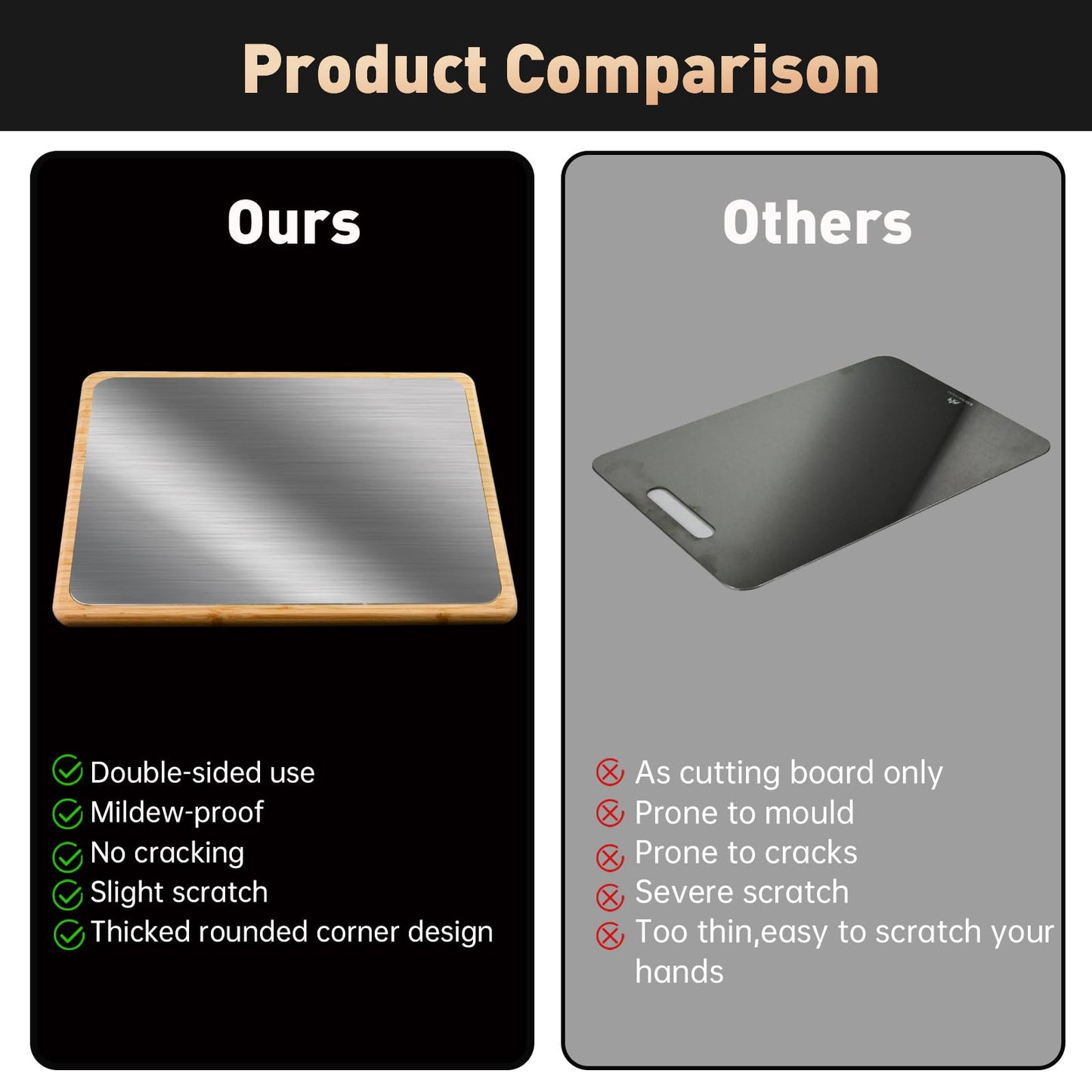 2 in 1 Double Sided Titanium Cutting Board & Bamboo Food Serving Charcuterie Cheese Board with Compartments, Stainless Steel Chopping Board Kitchen Serving Tray for Meat, Veggies,Snacks 13*10*0.8"