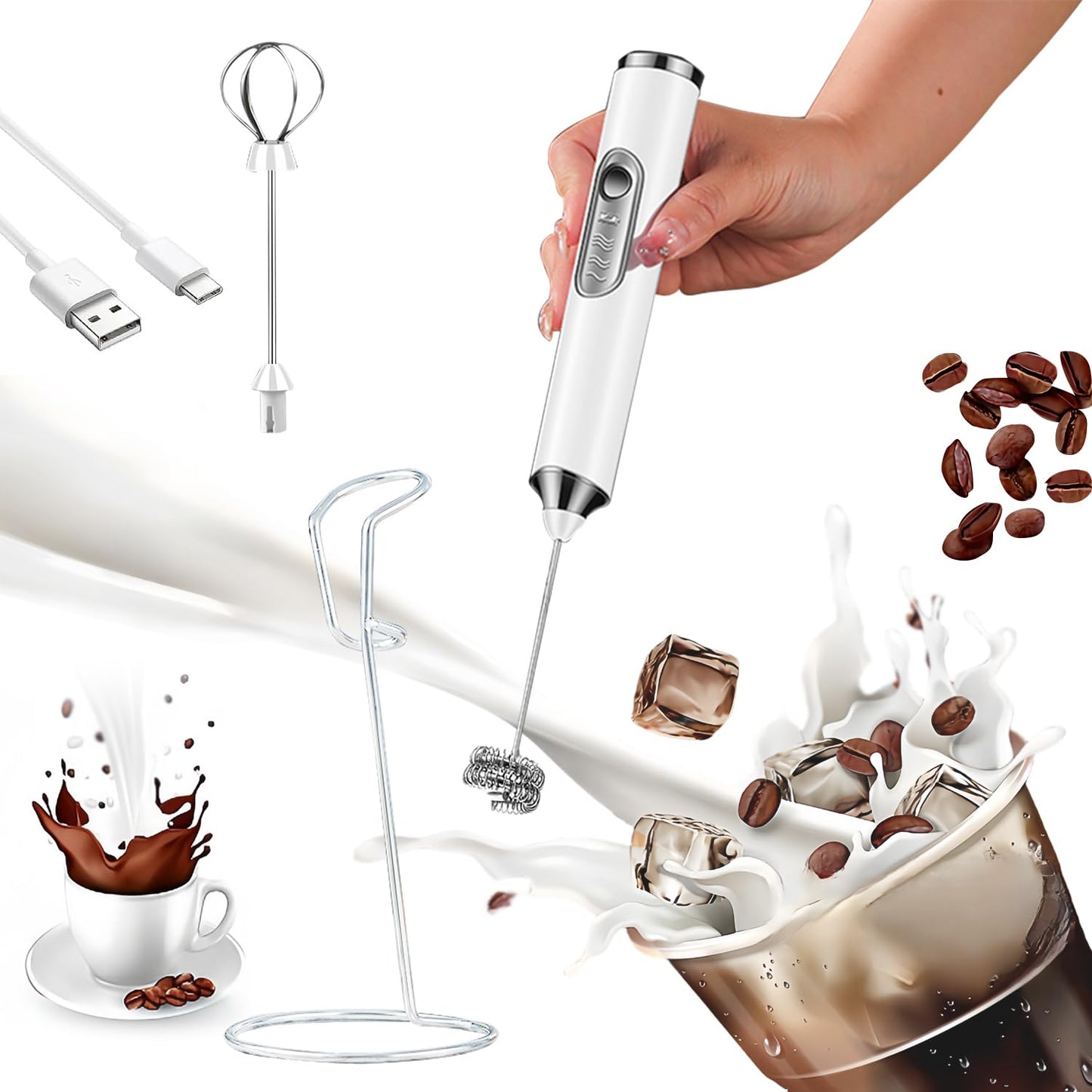 Fivcuer Rechargeable Milk Frother,Milk Frother Handheld with 2 Heads 3 Speeds,Coffee Mixer with Stand,Electric Milk Bubbler,Detachable Stainless Steel Whisk,for Latte,Cappuccino,Matcha,Egg (White)