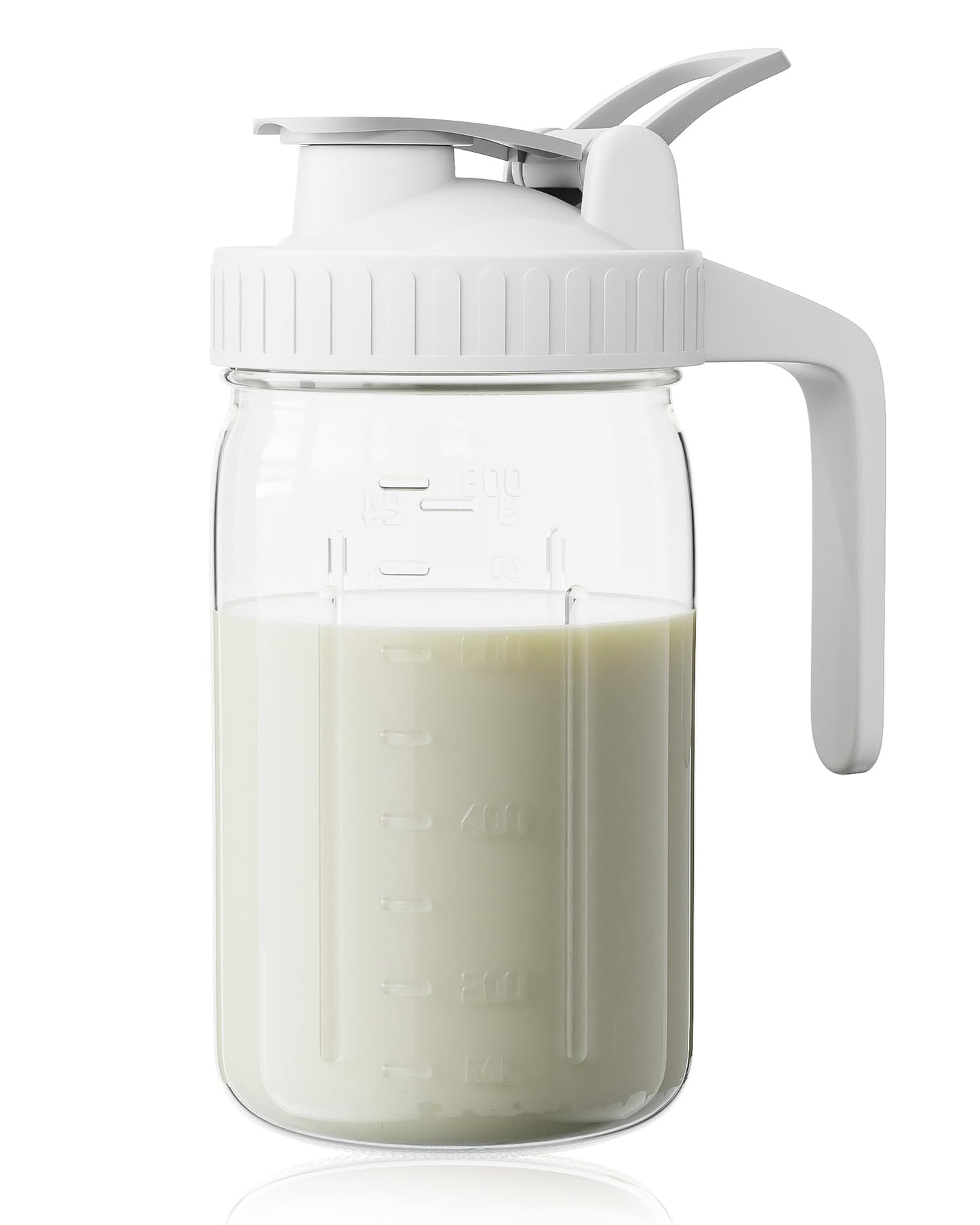 Breast Milk Pitcher, Mason Jar 32 oz, Heavy Duty Wide Mouth Jar with White Flip Cap Lid and Pour Spout, Airtight Seal for Freshness and Convenience, Formula Pitcher Great for Cold Beverages