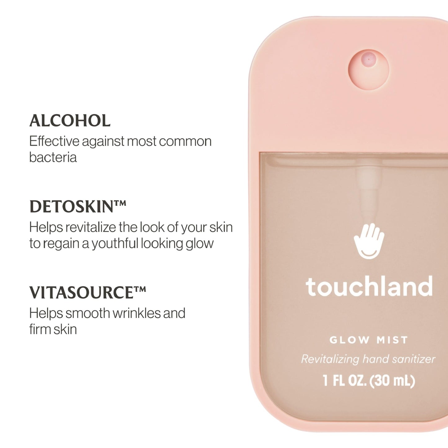 Touchland Glow Mist Revitalizing Hand Sanitizer Spray, Rosewater scented, 1FL. OZ. Travel Size