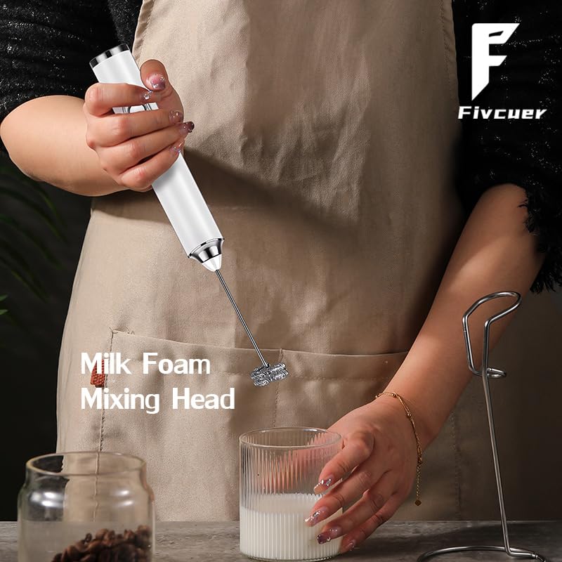 Fivcuer Rechargeable Milk Frother,Milk Frother Handheld with 2 Heads 3 Speeds,Coffee Mixer with Stand,Electric Milk Bubbler,Detachable Stainless Steel Whisk,for Latte,Cappuccino,Matcha,Egg (White)
