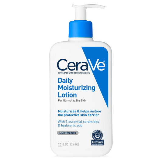 CeraVe Daily Moisturizing Lotion for Dry Skin, Body Lotion & Face Moisturizer with Hyaluronic Acid and Ceramides, Daily Moisturizer, Fragrance Free, Oil-Free, 12 Ounce
