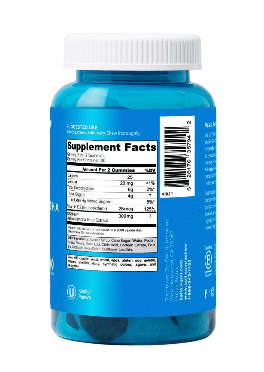 Goli Ashwagandha & Vitamin D Gummy - 180 Count - Mixed Berry, KSM-66, Vegan, Plant Based, Non-GMO, Gluten-Free & Gelatin Free Relax. Restore. Unwind, Pack of 3