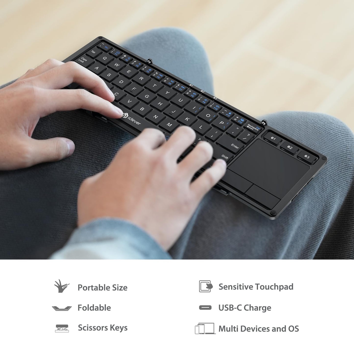 iClever Foldable Keyboard, BK08 Bluetooth Keyboard with Sensitive Touchpad, Multi Devices, Pocket-Sized Tri-Folding Portable Keyboard for iPad, iPhone, Smartphone, Laptop and Table