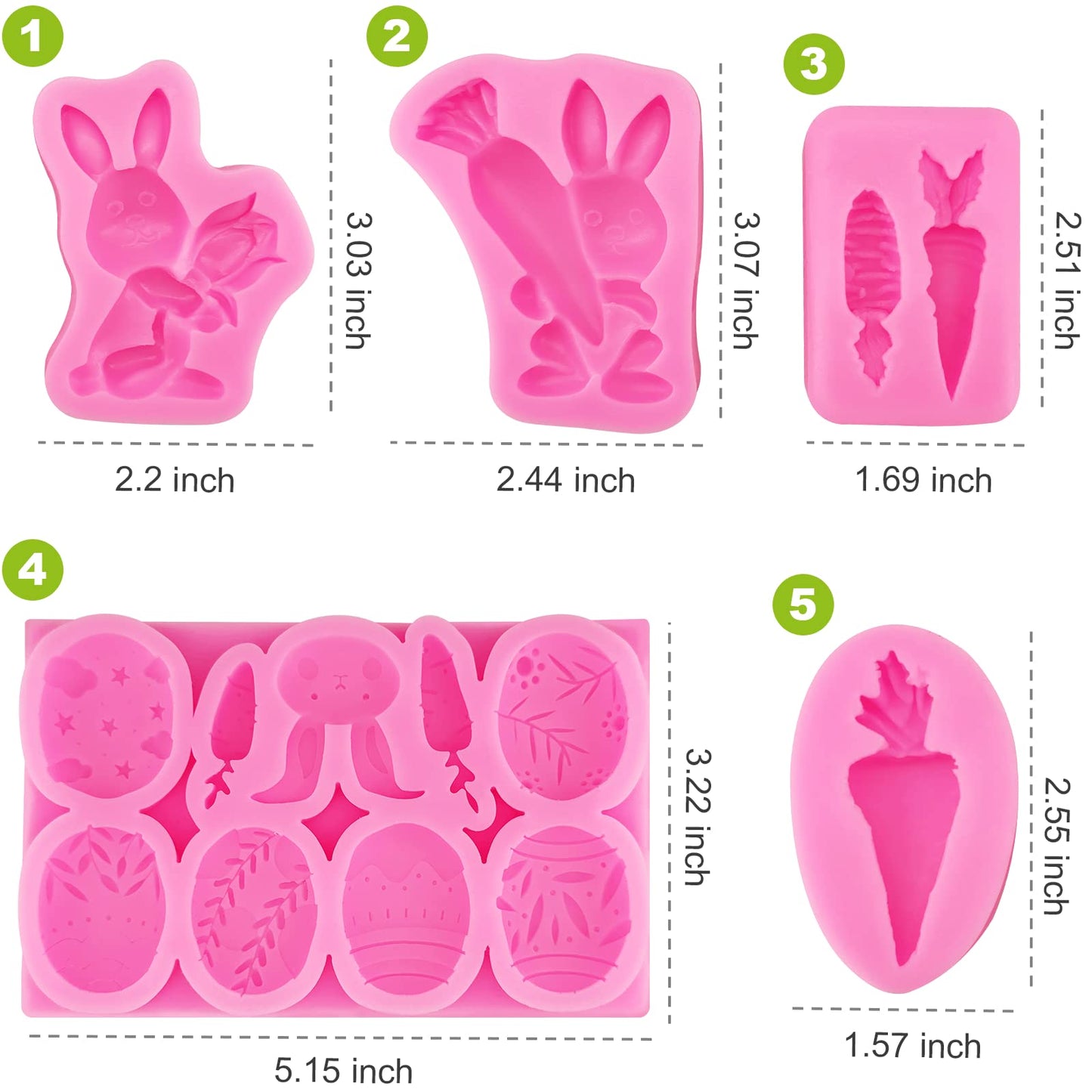 5Pcs Easter Fondant Molds Silicone Candy Molds Set Easter Egg Silicone Molds Bunny Silicone Chocolate Mold Carrot Shaped Molds for Cupcake Topper Chocolate Pastry,Cookie Jelly and Cake Decorations