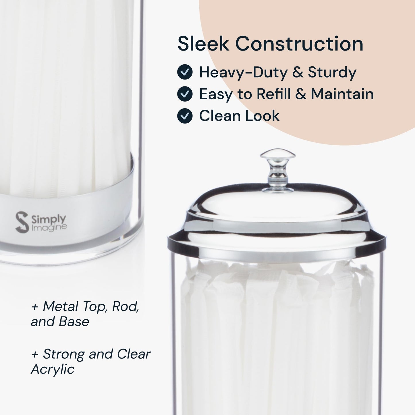 SimplyImagine 11.5 Inch Tall Metal Base & Lid Acrylic Straw Holder for Counter with 20 Clear Straws in a White Pack