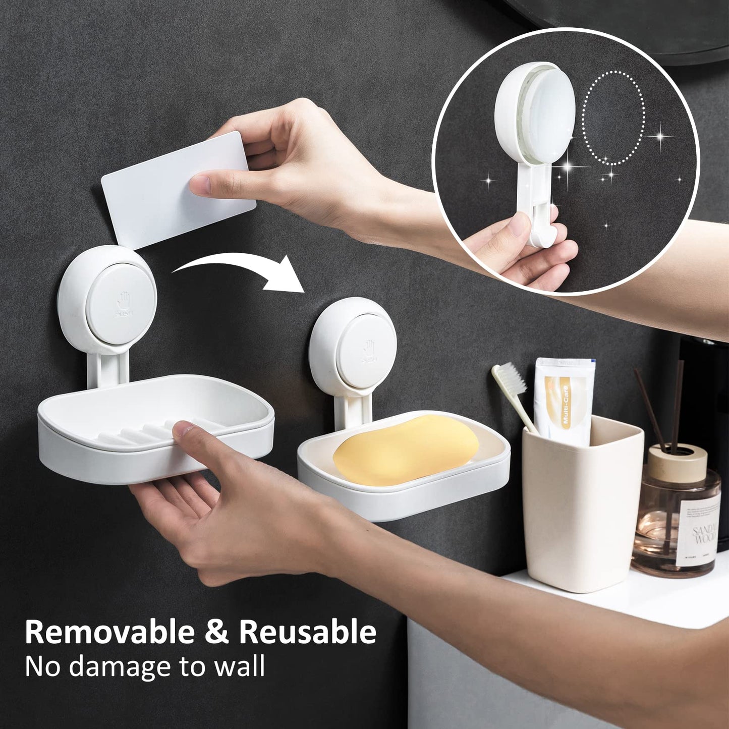 LEVERLOC Soap Holder Suction Cup for Shower, 2 Pack Bar Soap Dish Holder for Shower Wall Mounted NO-Drilling, Plastic Self Draining Removable Vacuum Suction for Bathroom Bathtub Sink