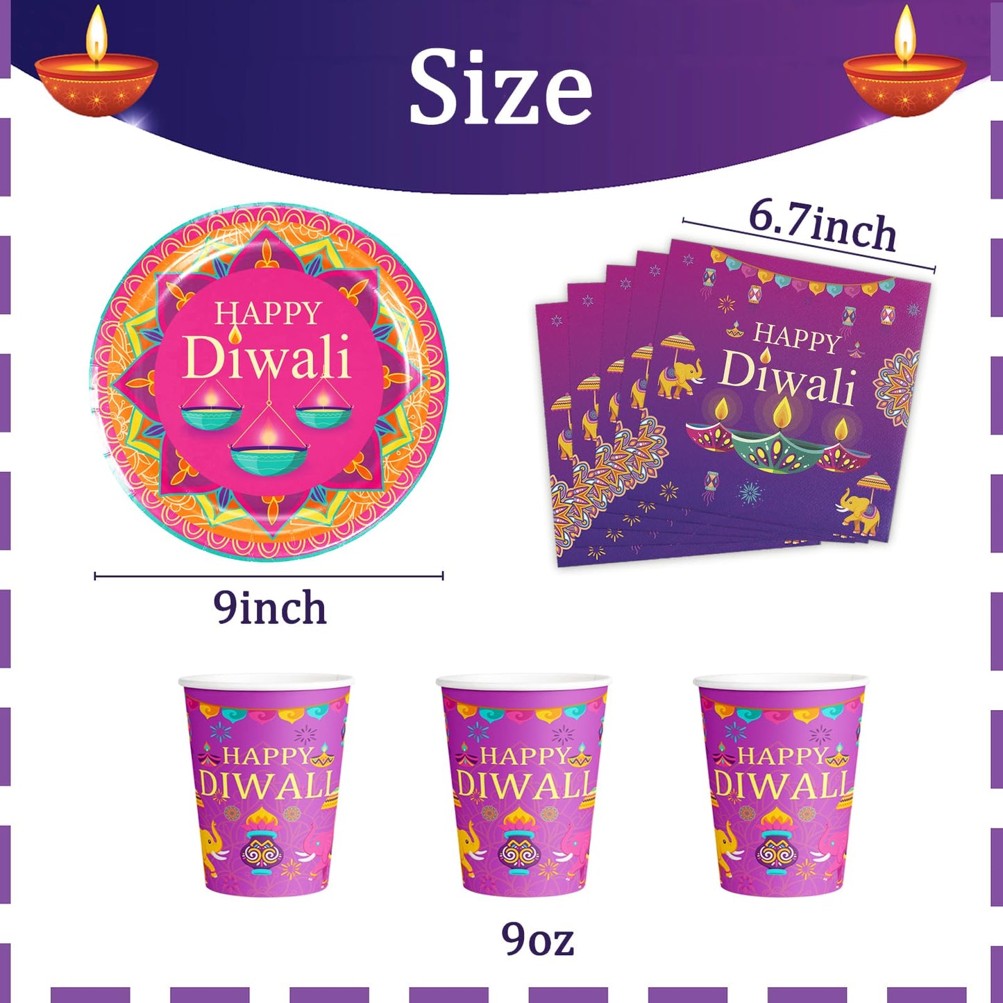 60Pcs Diwali Party Supplies,Happy Diwali Party Disposable Tableware Include Plates Cupsand Napkins Indian Festival of Lights Party Decorations(Serves 20)