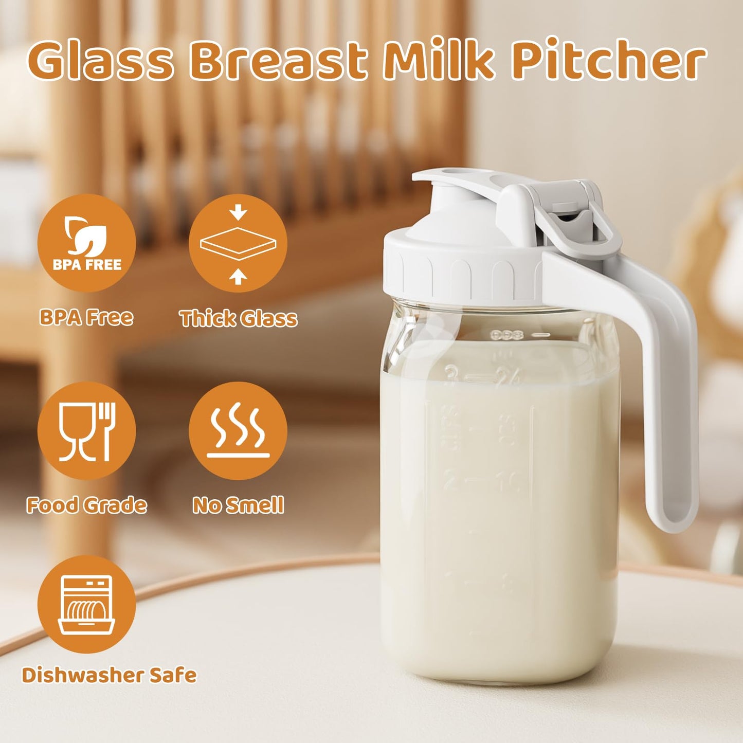 Breast Milk Pitcher, Mason Jar 32 oz, Heavy Duty Wide Mouth Jar with White Flip Cap Lid and Pour Spout, Airtight Seal for Freshness and Convenience, Formula Pitcher Great for Cold Beverages