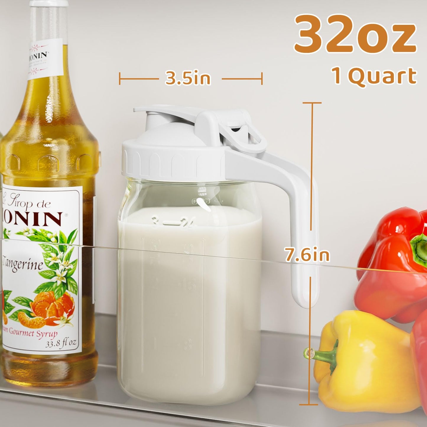 Breast Milk Pitcher, Mason Jar 32 oz, Heavy Duty Wide Mouth Jar with White Flip Cap Lid and Pour Spout, Airtight Seal for Freshness and Convenience, Formula Pitcher Great for Cold Beverages