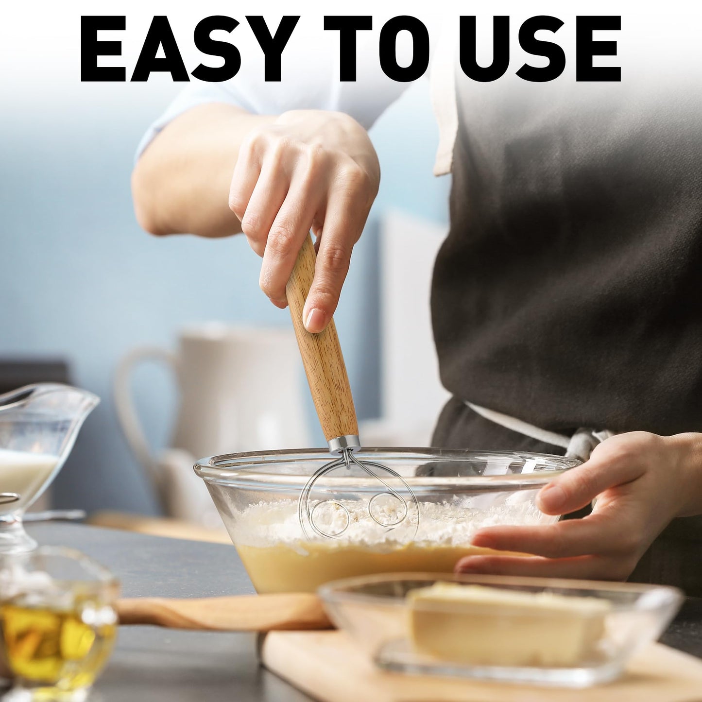 Zulay Kitchen Double-Eye 13" Danish Dough Whisk - Durable Easy Mixing Bread Whisk, Stainless Steel Danish Dough Hook, Sourdough Whisk For Mixing, Traditional Dutch Whisk, Dough Mixer Tool - Acacia