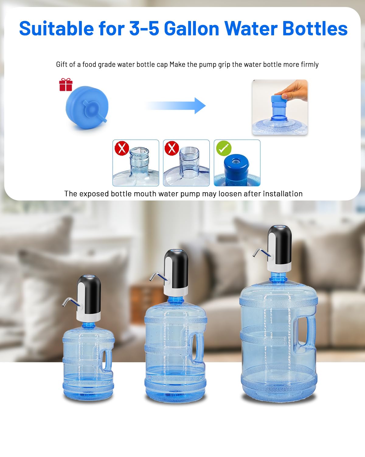 Myvision Water Dispenser for 5 Gallon Bottle, Portable USB Charging Electric Water Pump, Drinking Water Jug Pump for Home, Kitchen, Living Room, Office, Camping, Universal for 3-5 Gallon (Black)