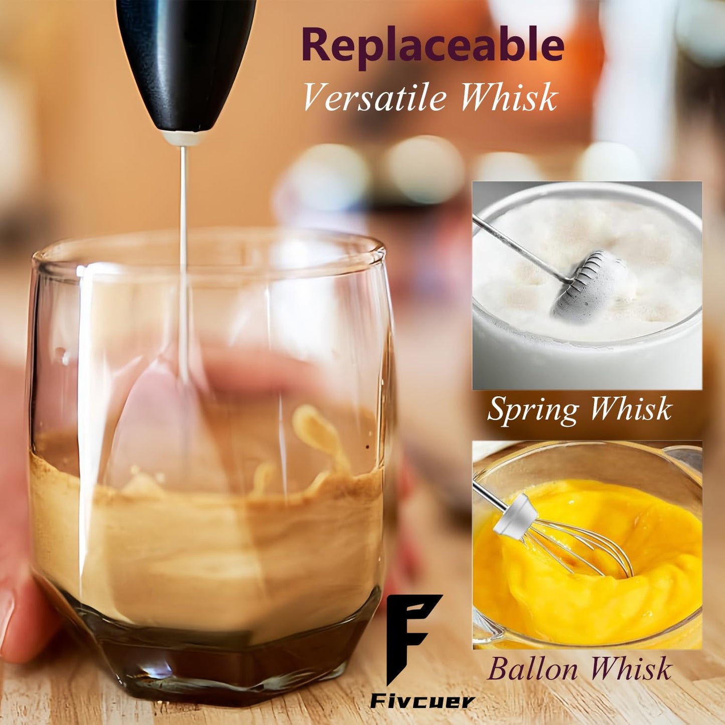 Fivcuer Rechargeable Milk Frother,Milk Frother Handheld with 2 Heads 3 Speeds,Coffee Mixer with Stand,Electric Milk Bubbler,Detachable Stainless Steel Whisk,for Latte,Cappuccino,Matcha,Egg (White)