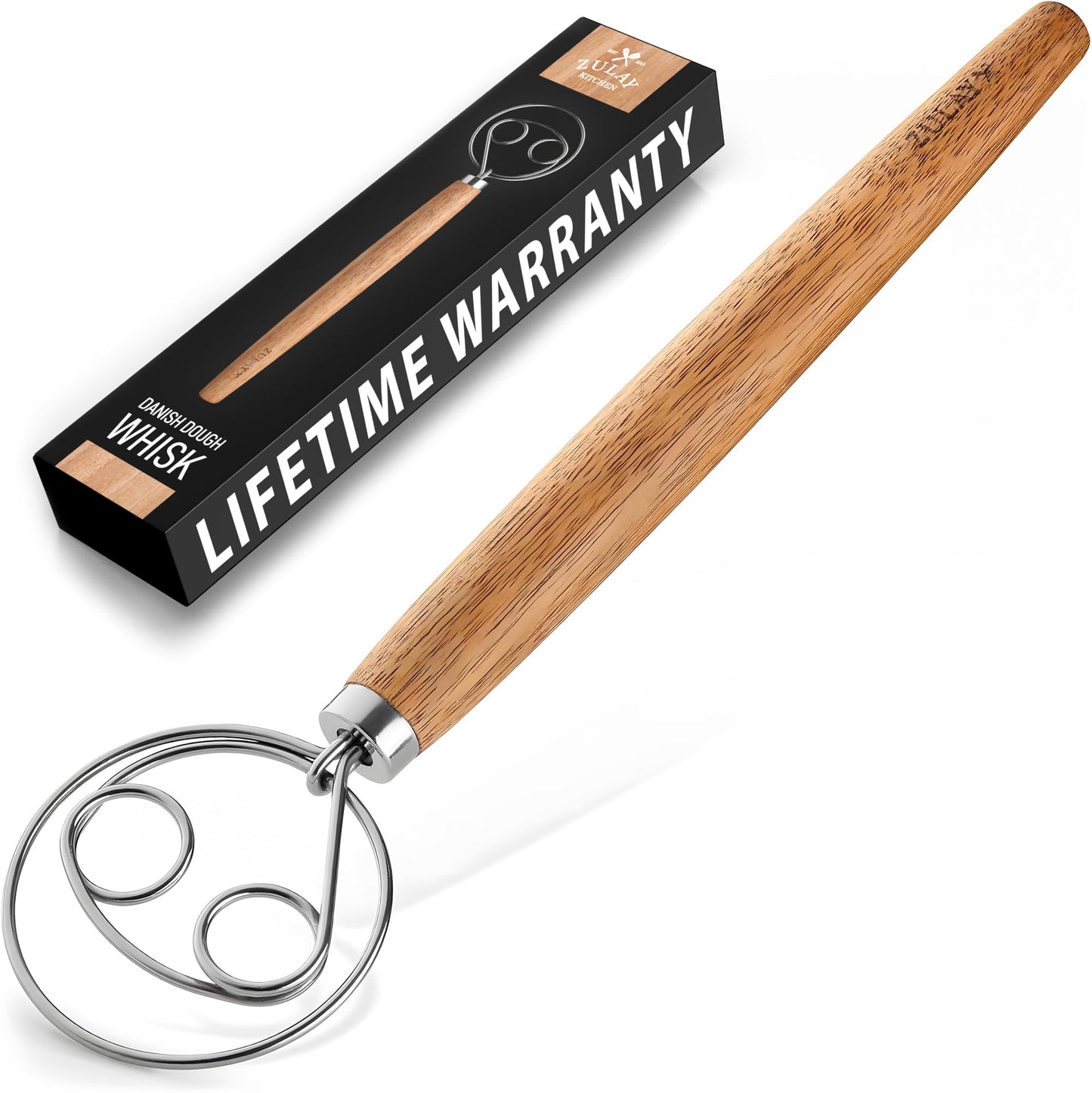 Zulay Kitchen Double-Eye 13" Danish Dough Whisk - Durable Easy Mixing Bread Whisk, Stainless Steel Danish Dough Hook, Sourdough Whisk For Mixing, Traditional Dutch Whisk, Dough Mixer Tool - Acacia