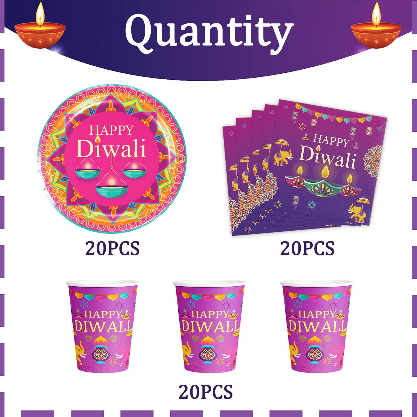 60Pcs Diwali Party Supplies,Happy Diwali Party Disposable Tableware Include Plates Cupsand Napkins Indian Festival of Lights Party Decorations(Serves 20)