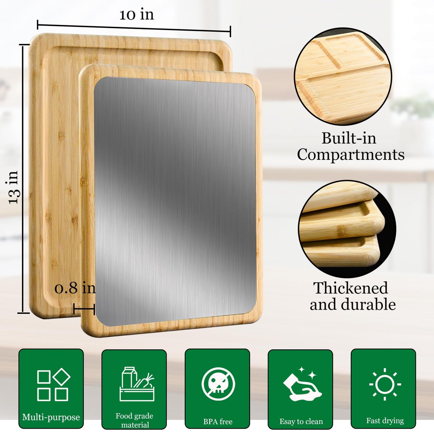 2 in 1 Double Sided Titanium Cutting Board & Bamboo Food Serving Charcuterie Cheese Board with Compartments, Stainless Steel Chopping Board Kitchen Serving Tray for Meat, Veggies,Snacks 13*10*0.8"