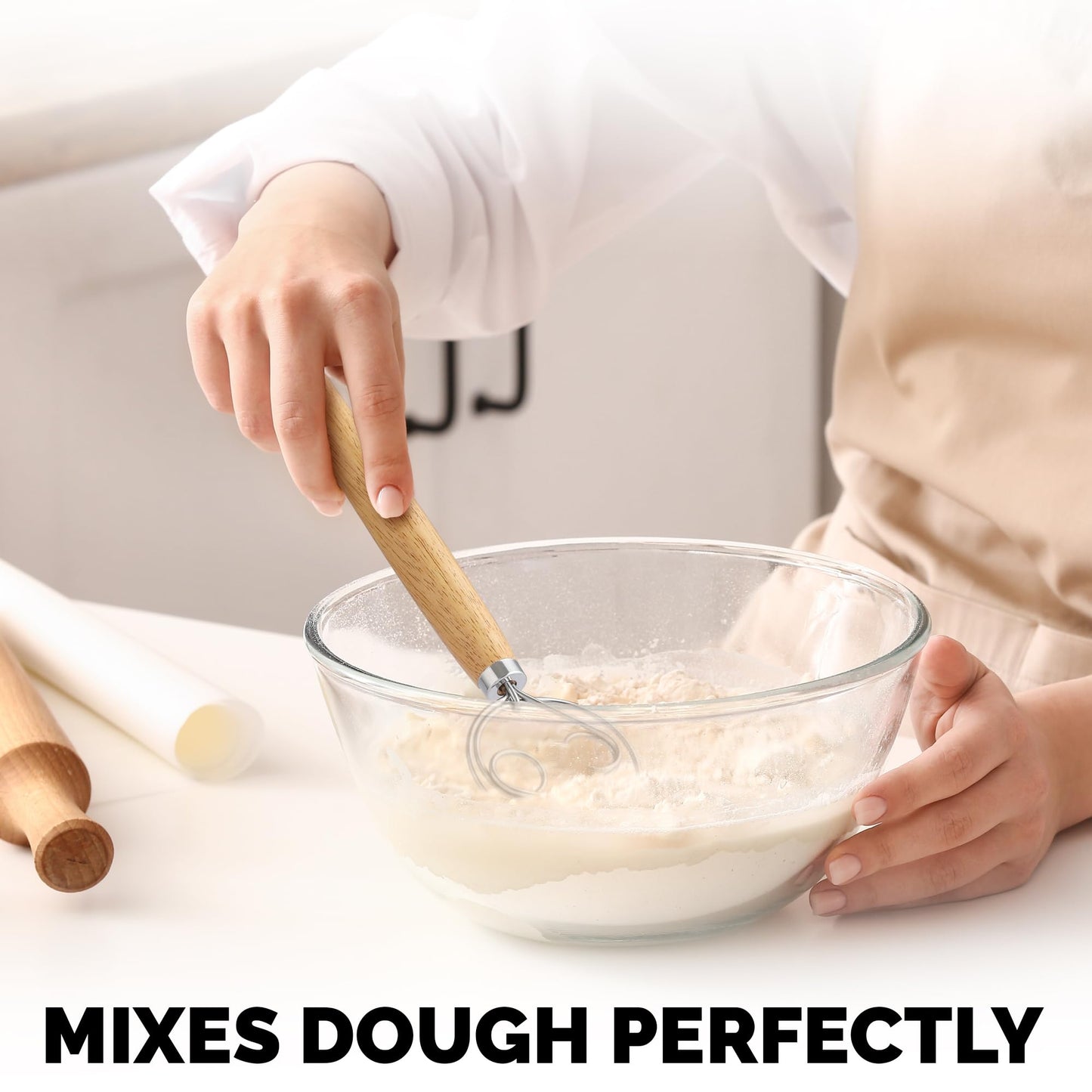 Zulay Kitchen Double-Eye 13" Danish Dough Whisk - Durable Easy Mixing Bread Whisk, Stainless Steel Danish Dough Hook, Sourdough Whisk For Mixing, Traditional Dutch Whisk, Dough Mixer Tool - Acacia