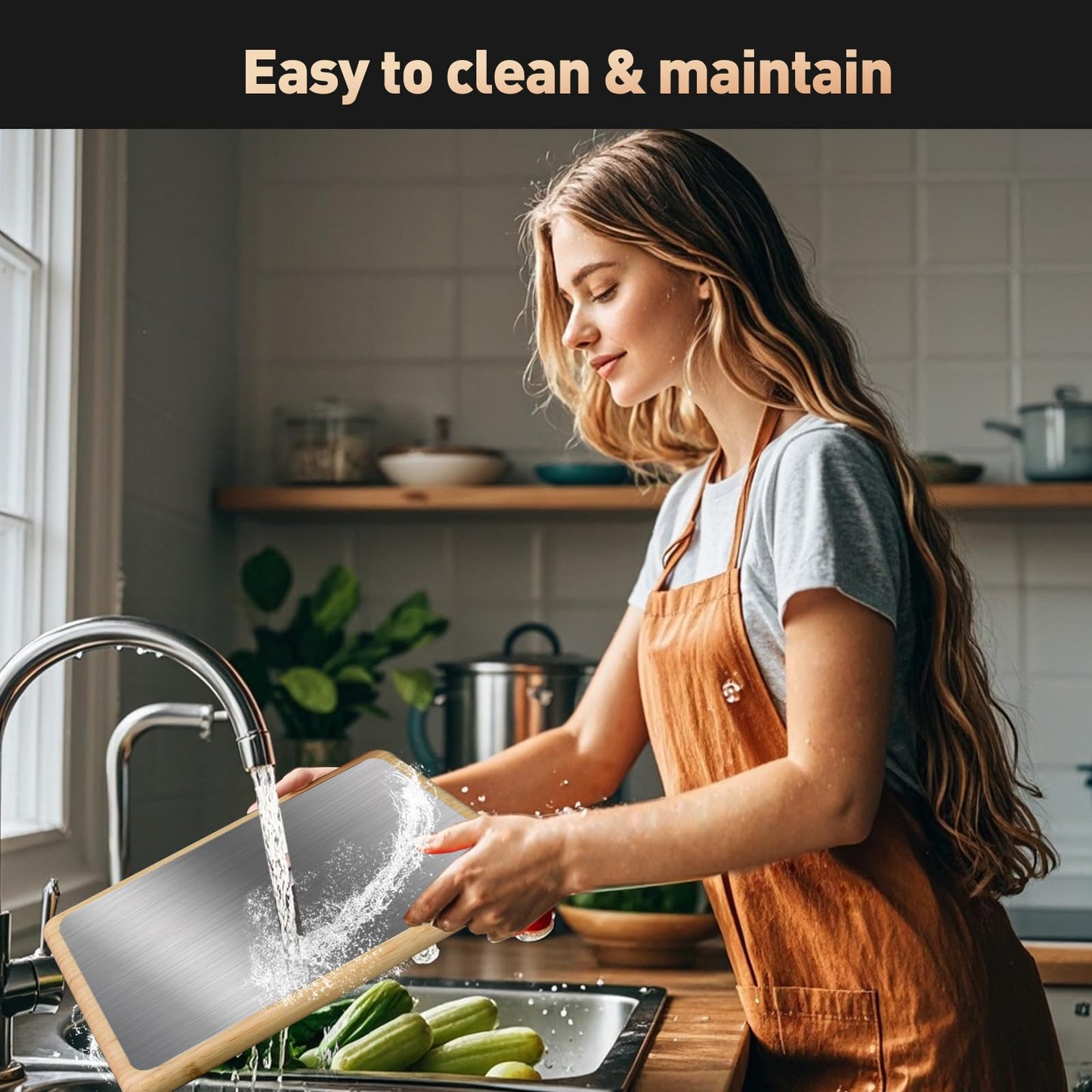 2 in 1 Double Sided Titanium Cutting Board & Bamboo Food Serving Charcuterie Cheese Board with Compartments, Stainless Steel Chopping Board Kitchen Serving Tray for Meat, Veggies,Snacks 13*10*0.8"