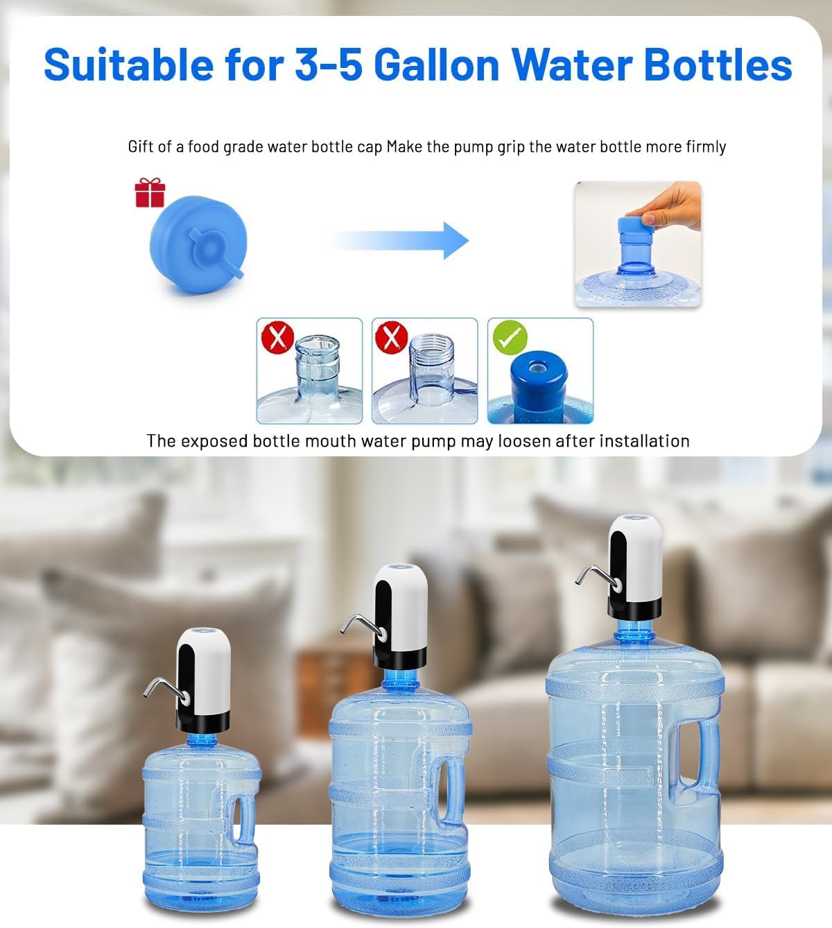 Myvision Water Dispenser for 5 Gallon Bottle, Portable USB Charging Electric Water Pump, Drinking Water Jug Pump for Home, Kitchen, Living Room, Office, Camping, Universal for 3-5 Gallon (Black)