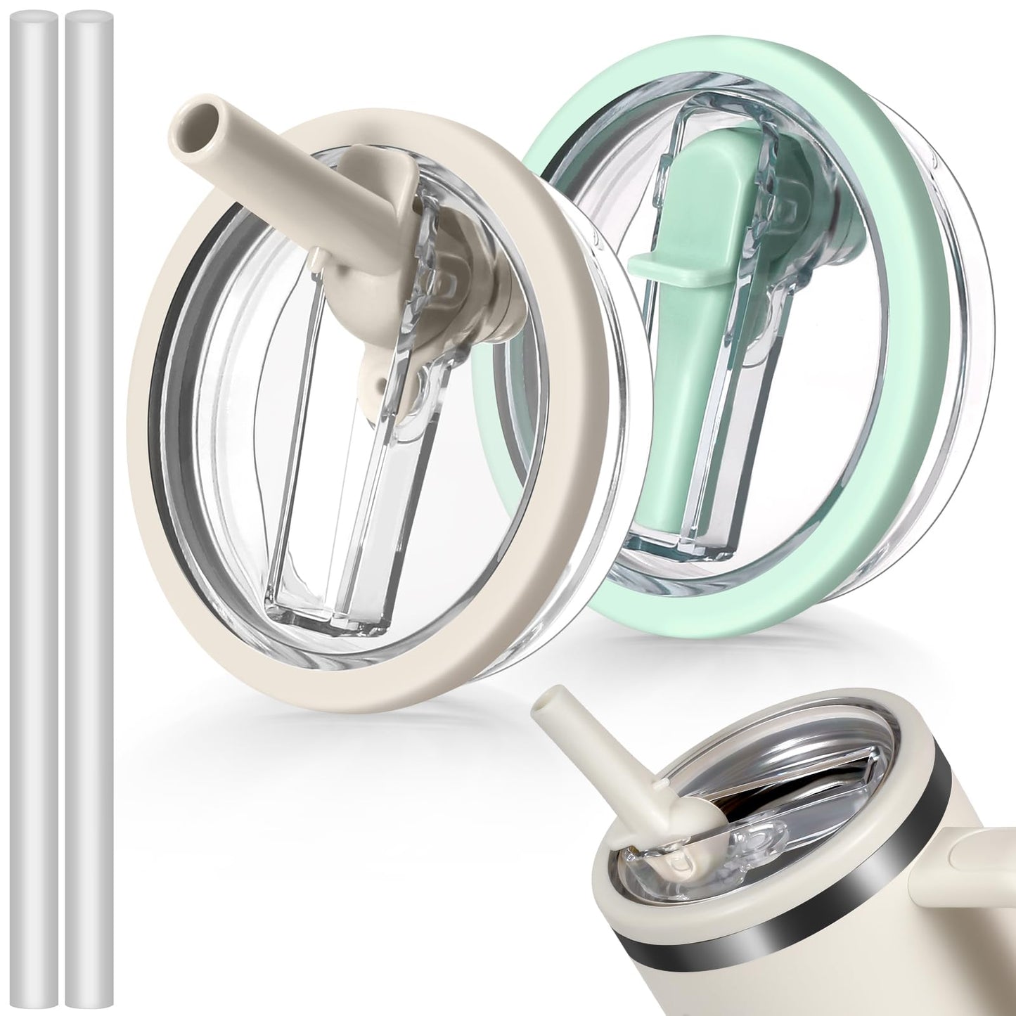 ANTAND 40oz Flip Straw Leak Proof Lid for Stanley H2.0 Quencher,2 Pack Tumbler Lid Replacement 40oz for Stanley Cup Accessories ProTour,No Spill Proof Straw Cover for Stanley Accessories(Beige,Matcha)