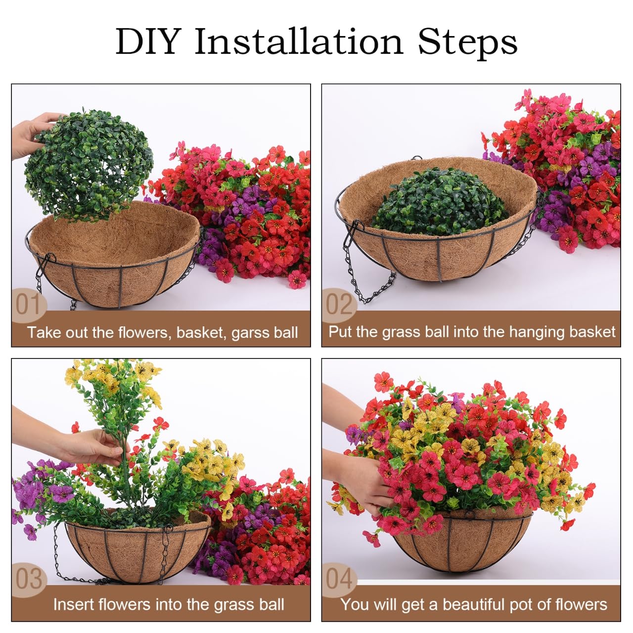 Hananona 2 Set Artificial Outdoor Flowers with Hanging Basket, 2 Hanging Planters with 24 Pcs Flowers for Spring Summer Front Porch Garden Patio Home Decor (2, Red, Purple, Yellow, Rose Red)