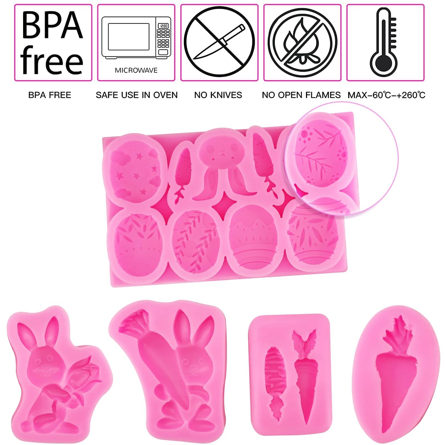 5Pcs Easter Fondant Molds Silicone Candy Molds Set Easter Egg Silicone Molds Bunny Silicone Chocolate Mold Carrot Shaped Molds for Cupcake Topper Chocolate Pastry,Cookie Jelly and Cake Decorations
