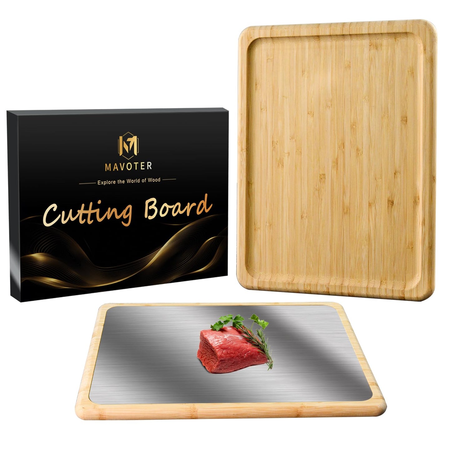 2 in 1 Double Sided Titanium Cutting Board & Bamboo Food Serving Charcuterie Cheese Board with Compartments, Stainless Steel Chopping Board Kitchen Serving Tray for Meat, Veggies,Snacks 13*10*0.8"