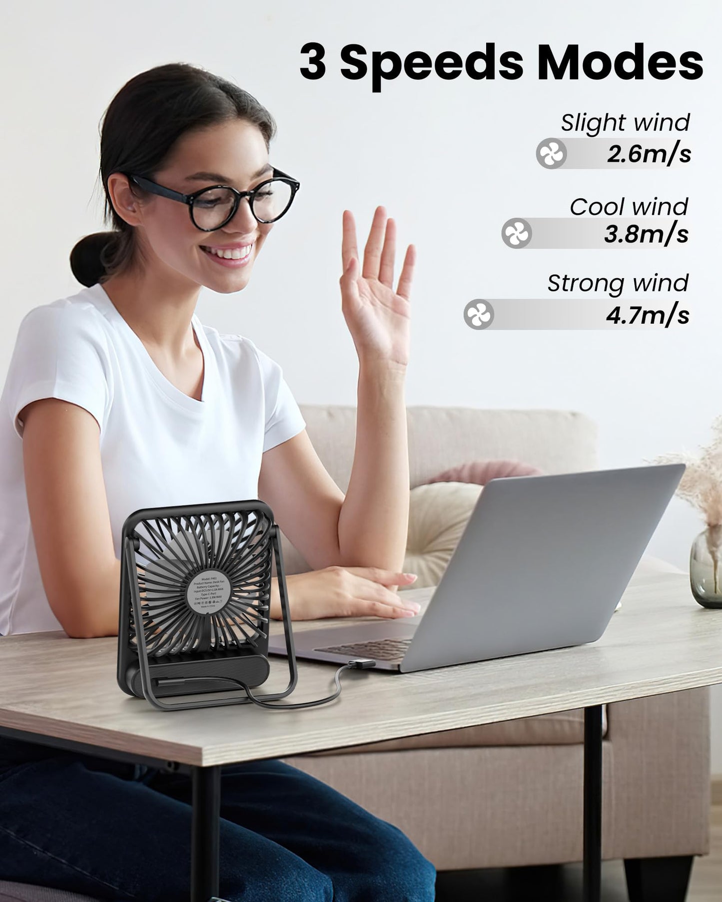 Koonie USB Desk Fan, Strong Wind Ultra Quiet Small Personal Fan with 180° Tilt Folding and 3 Speeds Adjustable, USB-C Corded Powered Mini USB Fan for Office Desktop Bedroom, 5in