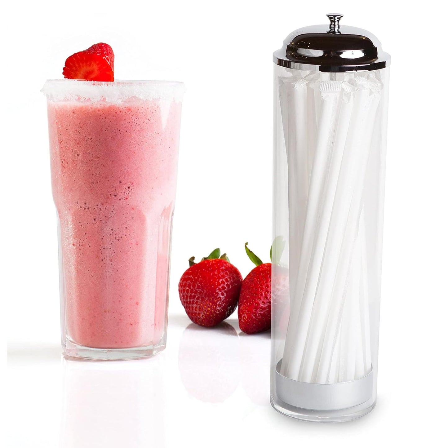 SimplyImagine 11.5 Inch Tall Metal Base & Lid Acrylic Straw Holder for Counter with 20 Clear Straws in a White Pack