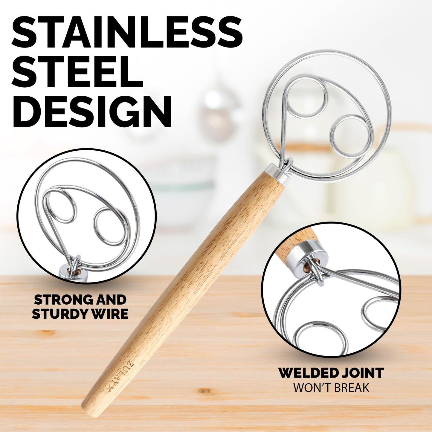 Zulay Kitchen Double-Eye 13" Danish Dough Whisk - Durable Easy Mixing Bread Whisk, Stainless Steel Danish Dough Hook, Sourdough Whisk For Mixing, Traditional Dutch Whisk, Dough Mixer Tool - Acacia