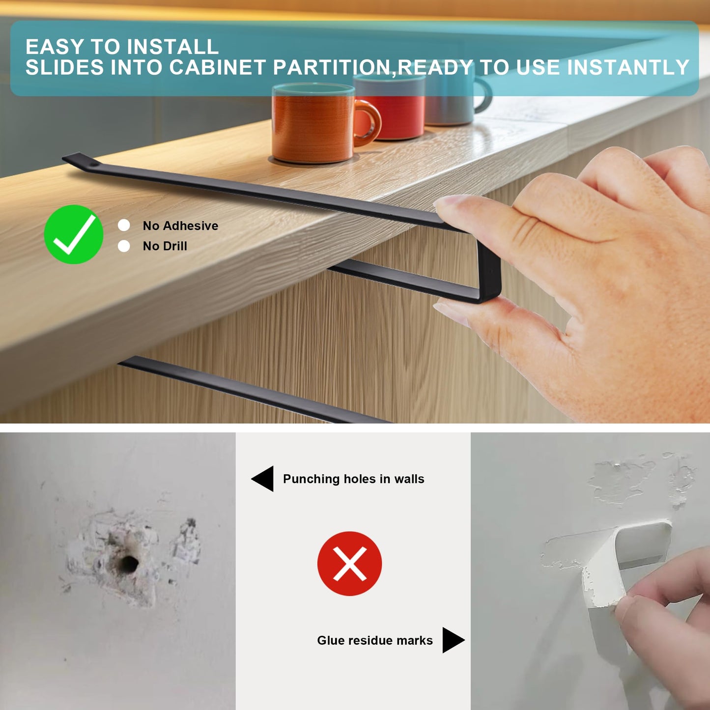 Tumbler Lid Organizers, 2PCS Cup Lid Storage Organizer, Ample Lid Capacity Up to 20 Lids, Clip-On Cup Lid Organizer for Saves Kitchen Space, No Adhesive No Drill, Hanging Paper Towel Rack Hanger