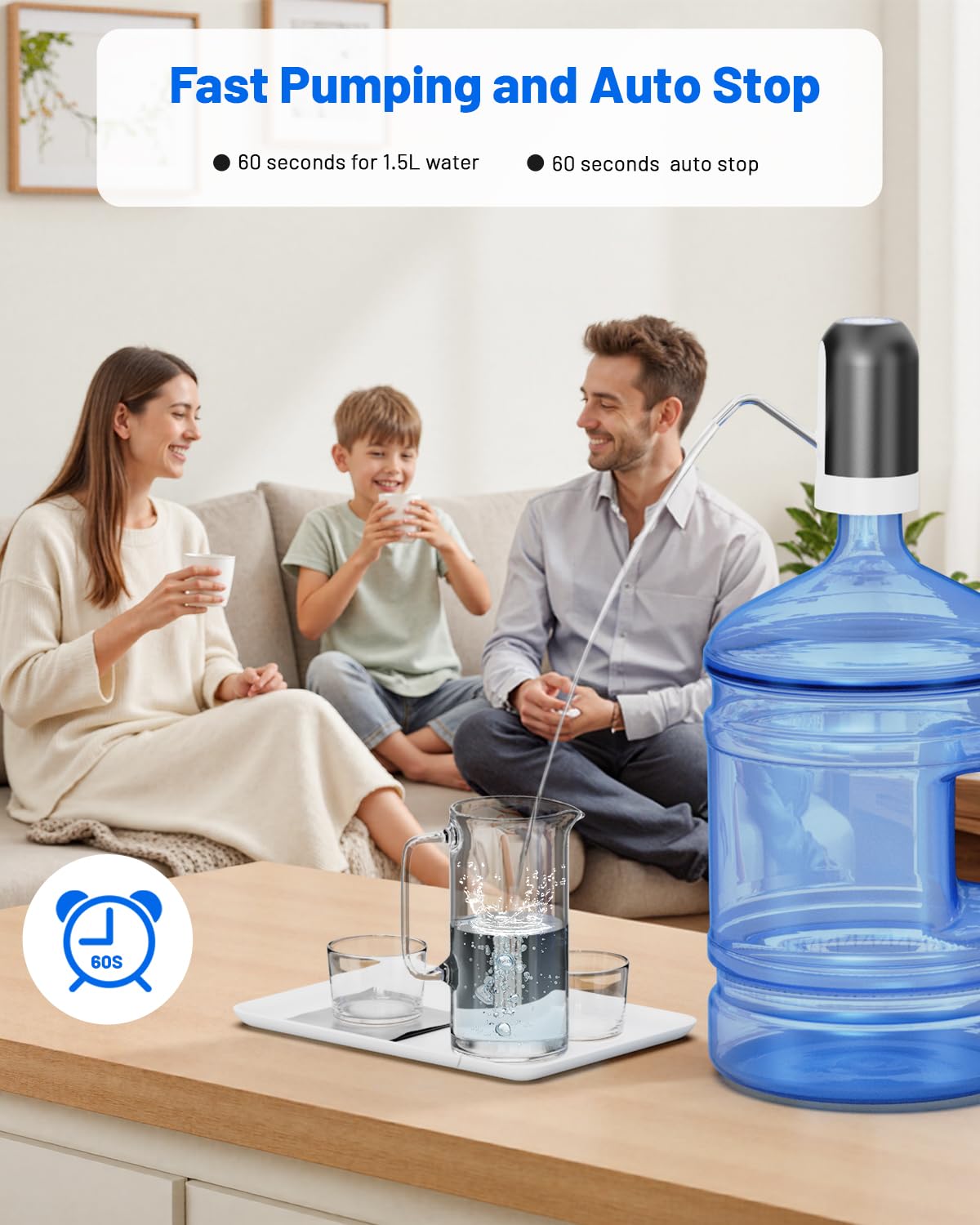 Myvision Water Dispenser for 5 Gallon Bottle, Portable USB Charging Electric Water Pump, Drinking Water Jug Pump for Home, Kitchen, Living Room, Office, Camping, Universal for 3-5 Gallon (Black)