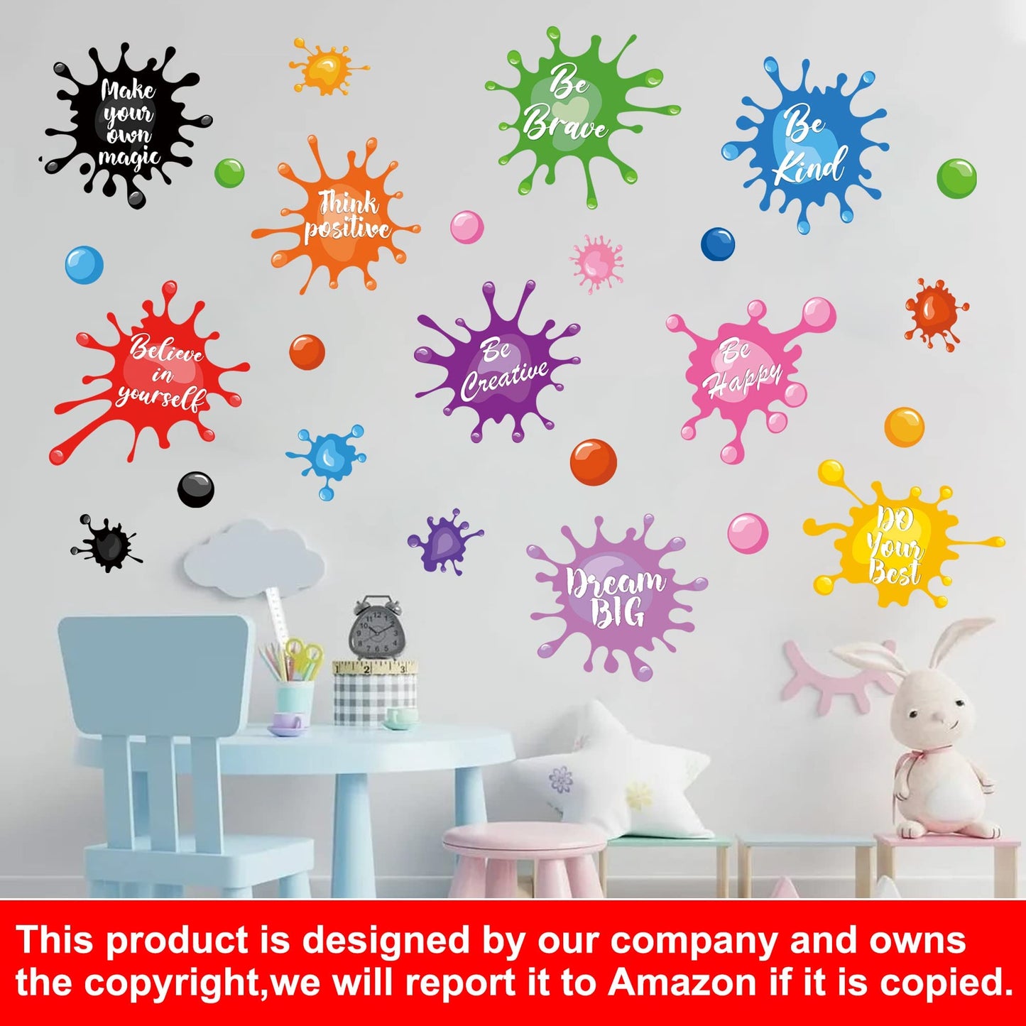 Colorful Inspirational Quote Wall Stickers Watercolor Paint Ink Splatter Splotches Wall Decals Motivational Letter Positive Sayings Phrases Educational Wall Sticker for Kids Classroom Playroom School