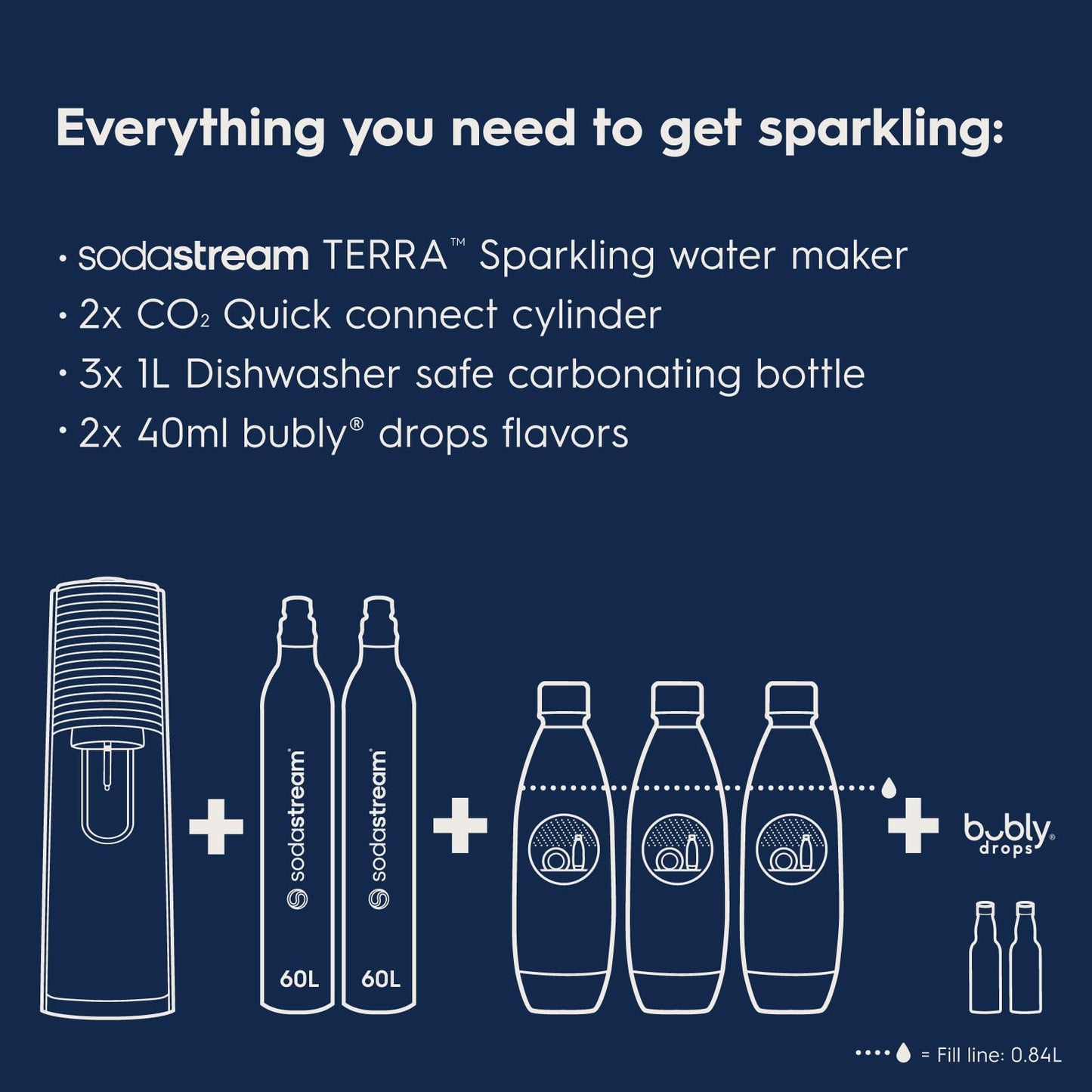 SodaStream Terra Sparkling Water Maker Bundle (Black), with CO2, DWS Bottles, and Bubly Drops Flavors