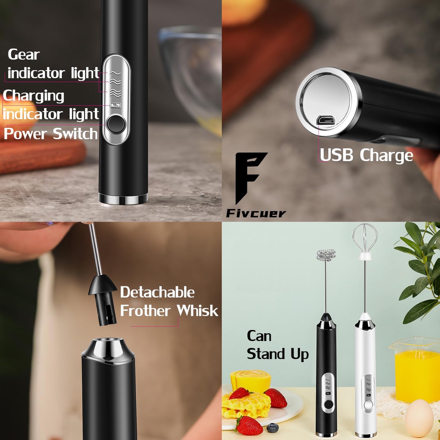 Fivcuer Rechargeable Milk Frother,Milk Frother Handheld with 2 Heads 3 Speeds,Coffee Mixer with Stand,Electric Milk Bubbler,Detachable Stainless Steel Whisk,for Latte,Cappuccino,Matcha,Egg (White)