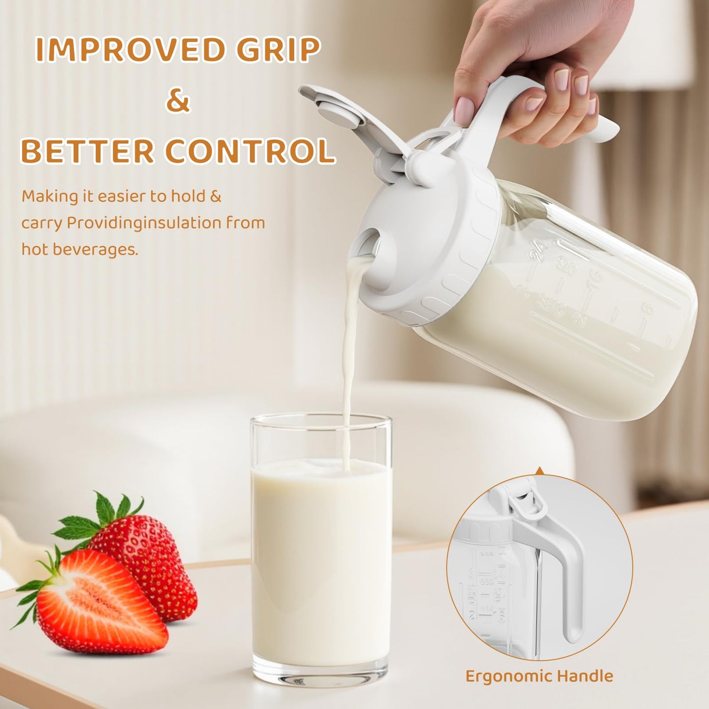 Breast Milk Pitcher, Mason Jar 32 oz, Heavy Duty Wide Mouth Jar with White Flip Cap Lid and Pour Spout, Airtight Seal for Freshness and Convenience, Formula Pitcher Great for Cold Beverages