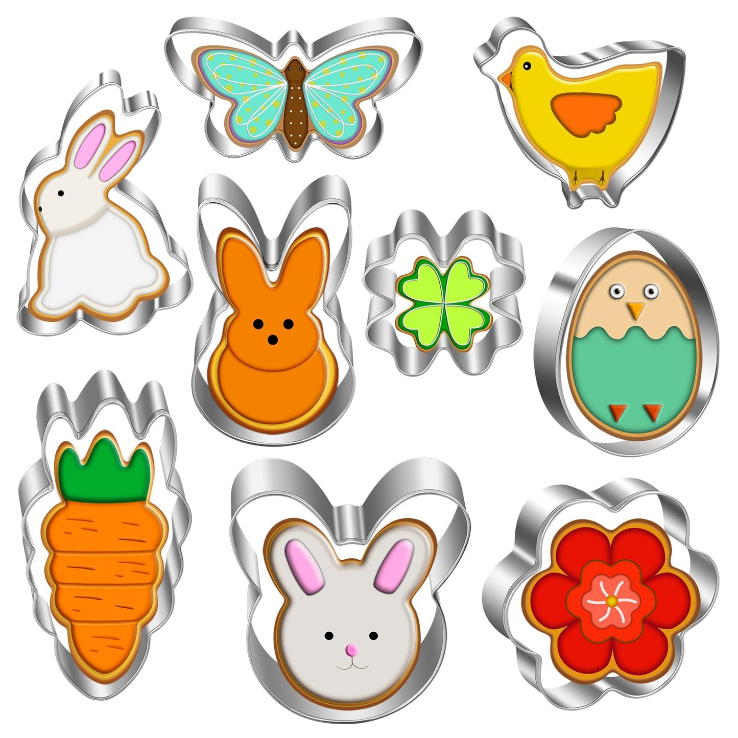 Easter Cookie Cutters Set - Bunny, Egg, Bunny Face, Rabbit, Butterfly, Flower, Chick, Carrot, Four Leaf Clover - 9PCS Easter Cookie Cutters - Large Easter Cookie Cutters for Spring Holiday Baking
