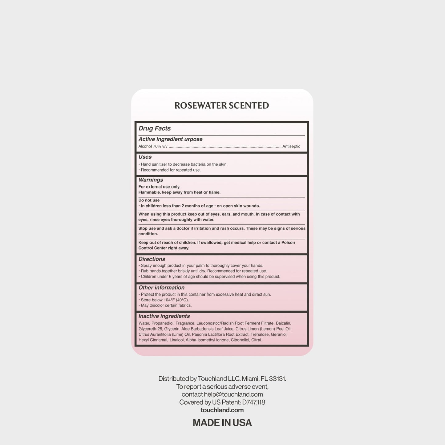 Touchland Glow Mist Revitalizing Hand Sanitizer Spray, Rosewater scented, 1FL. OZ. Travel Size