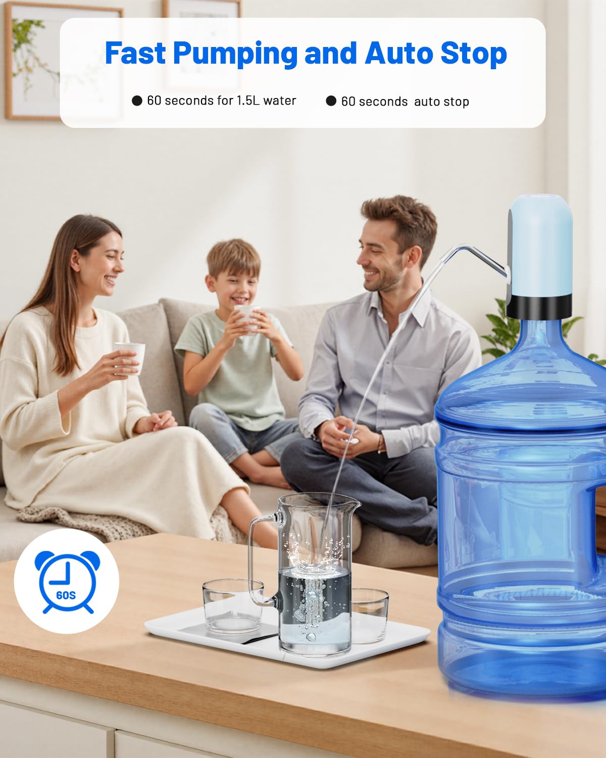 Myvision Water Dispenser for 5 Gallon Bottle, Portable USB Charging Electric Water Pump, Drinking Water Jug Pump for Home, Kitchen, Living Room, Office, Camping, Universal for 3-5 Gallon (Black)