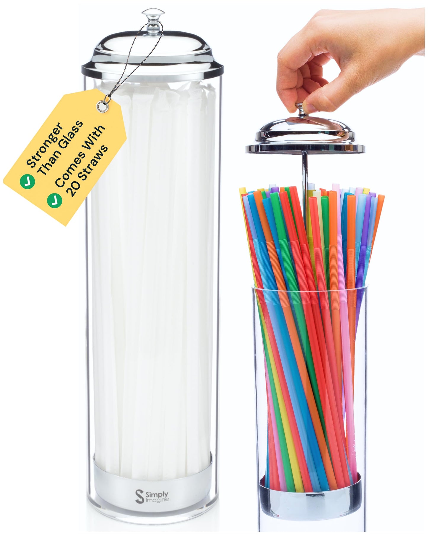 SimplyImagine 11.5 Inch Tall Metal Base & Lid Acrylic Straw Holder for Counter with 20 Clear Straws in a White Pack