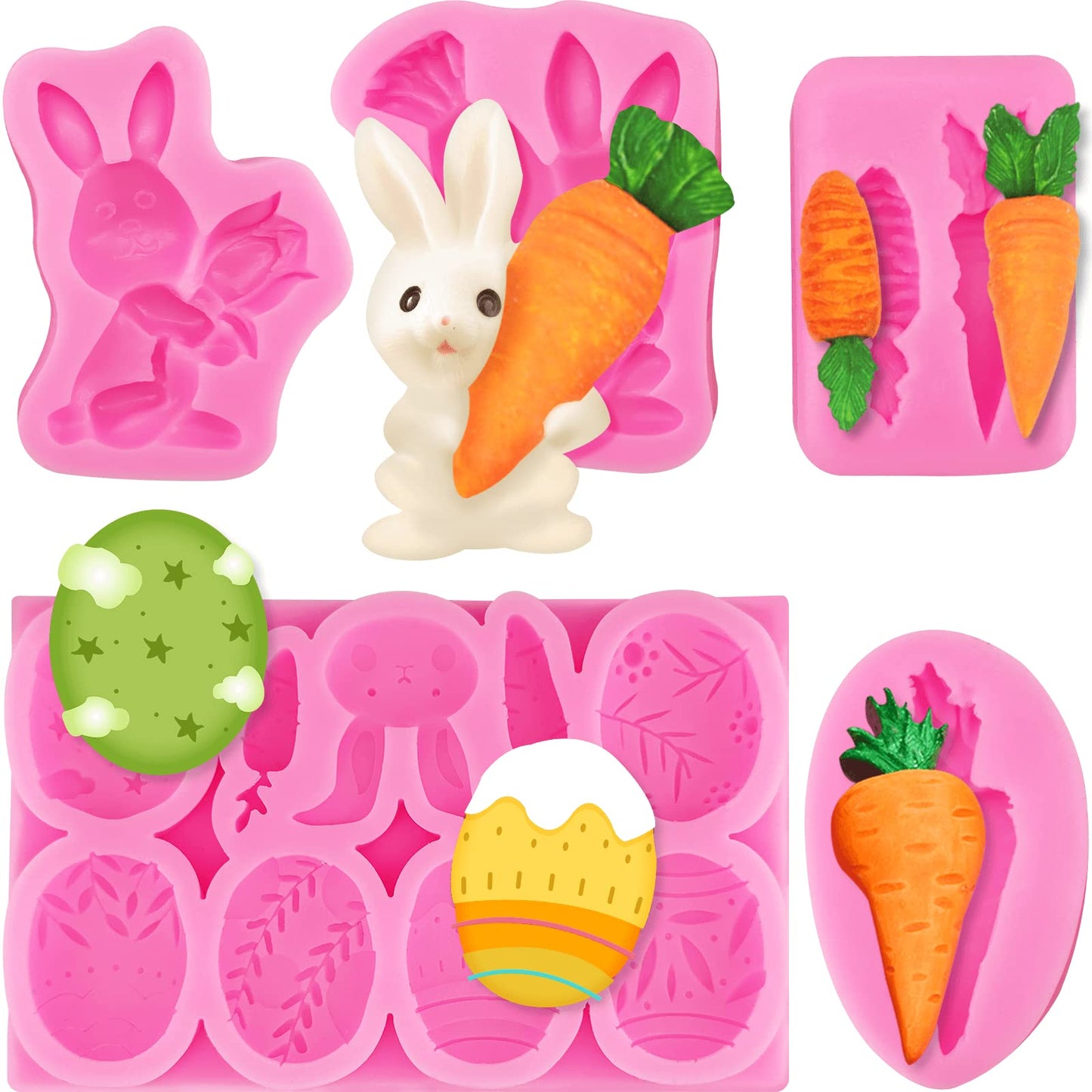 5Pcs Easter Fondant Molds Silicone Candy Molds Set Easter Egg Silicone Molds Bunny Silicone Chocolate Mold Carrot Shaped Molds for Cupcake Topper Chocolate Pastry,Cookie Jelly and Cake Decorations